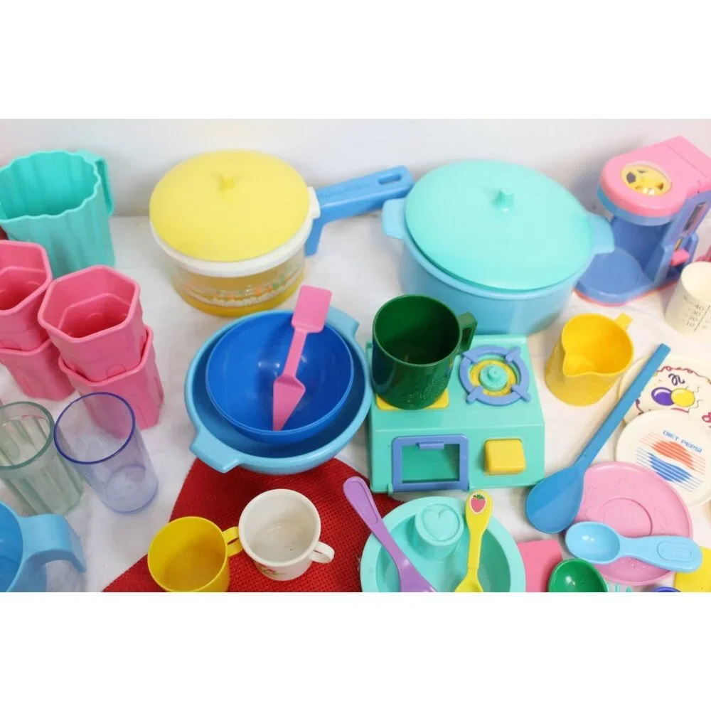 Vtg 1990s Play Dishes Fun with Food Pots Forks Blender Pans Measuring Cups Bowls
